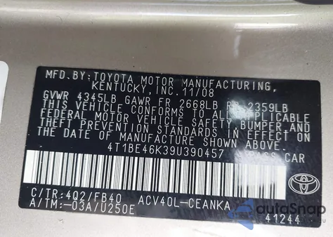 2009 Toyota Camry from USA, damaged, VIN 4T1BE46K39U390457